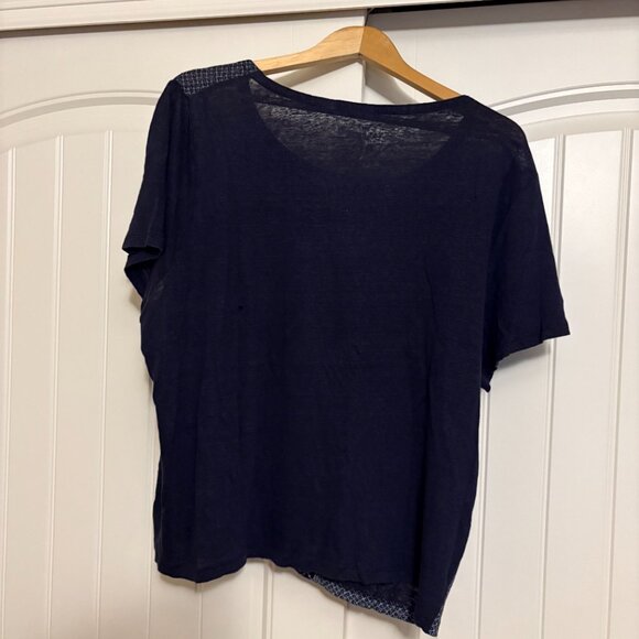 Talbots Woman Blue Floral Print Blouse 3X Short Sleeve 100% Linen Scoop Neck - Picture 3 of 3